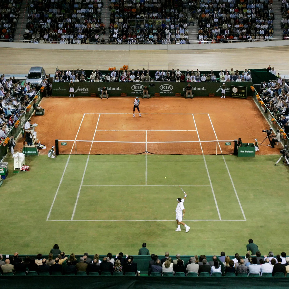 Who won the match when Federer played on the grass half and Nadal played on the dirt half?